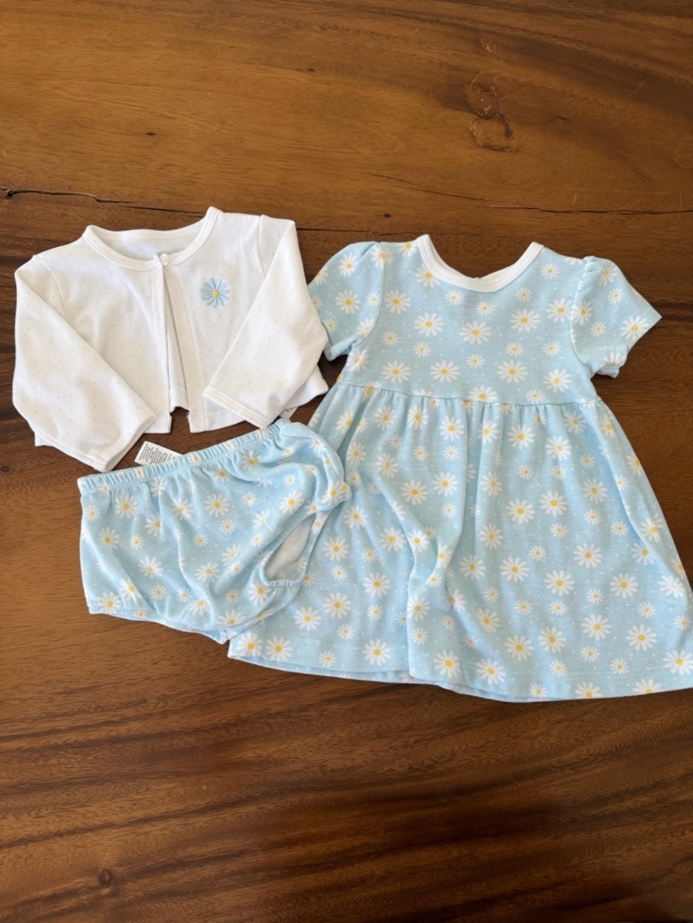 Little Me Blue Daisy Baby Dress Set with White Cardigan and Bloomers Size 9M